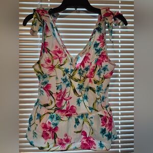 Nine West Cream Tie Front Ruffled Tank Top